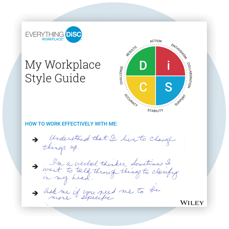 Everything DiSC Workplace® Style Guide sample filled out
