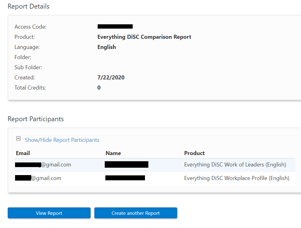 Comparison report screen shot