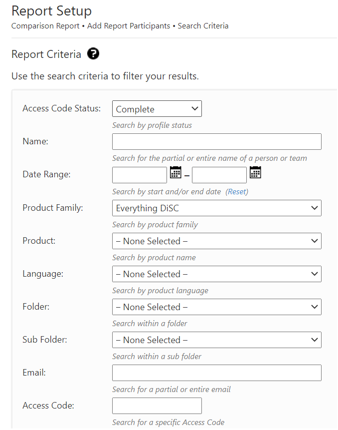 Report criteria screen shot