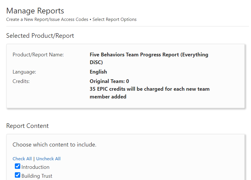 EPIC: select report content
