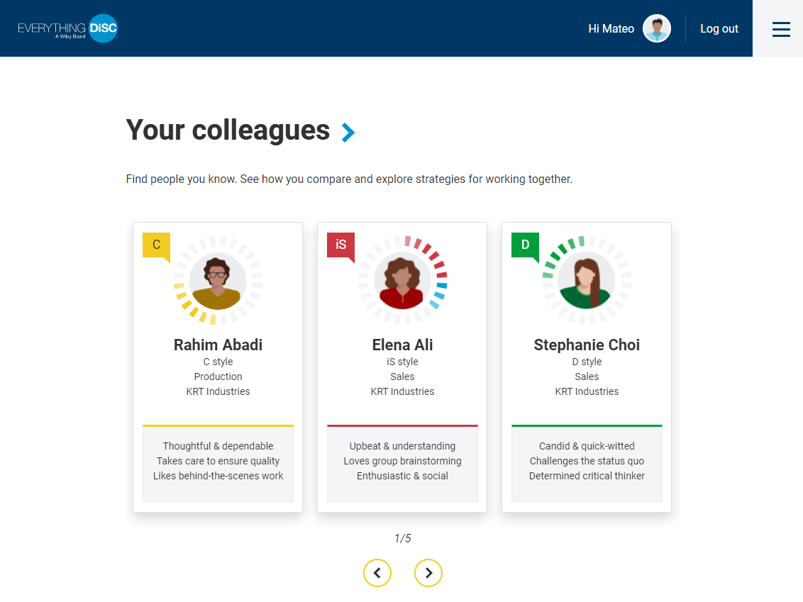 Your Colleagues screen view on Catalyst from DiSC Profile