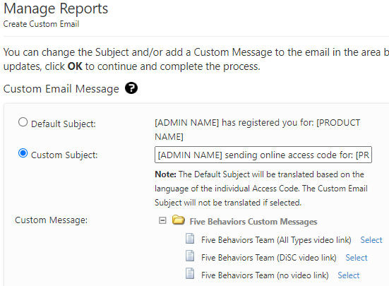 EPIC Manage Reports custom email subject screenshot