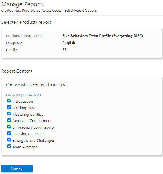 EPIC Manage Reports report content options screenshot