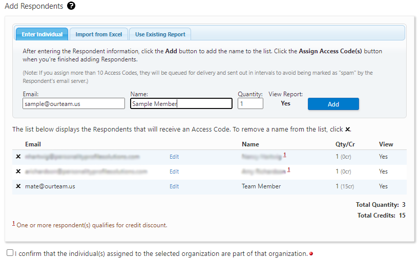 Add Respondents screen