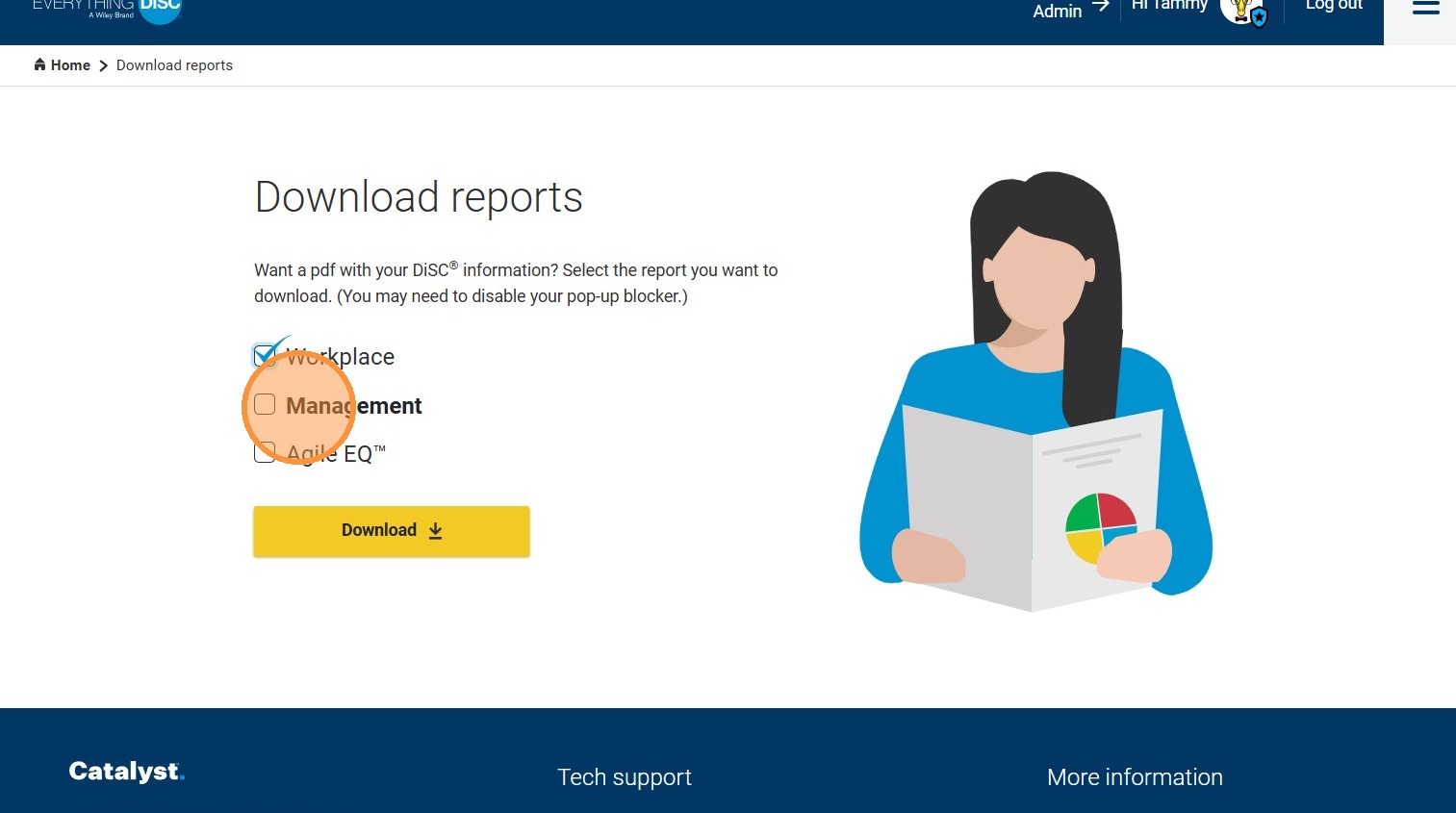 screen where learners can check off which reports they want to download as PDFs: Workplace, Management, or Agile EQ