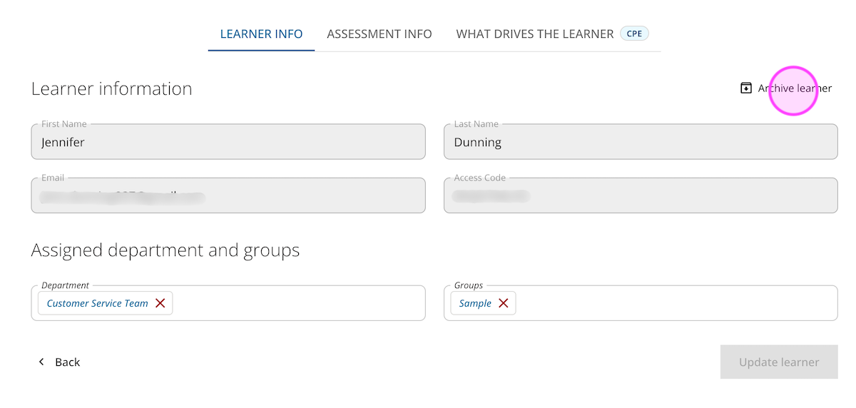 Catalyst help: Archiving a learner - learner screen
