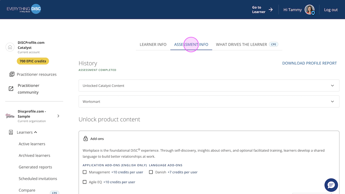 Catalyst help: Application add-ons - assessment info screen