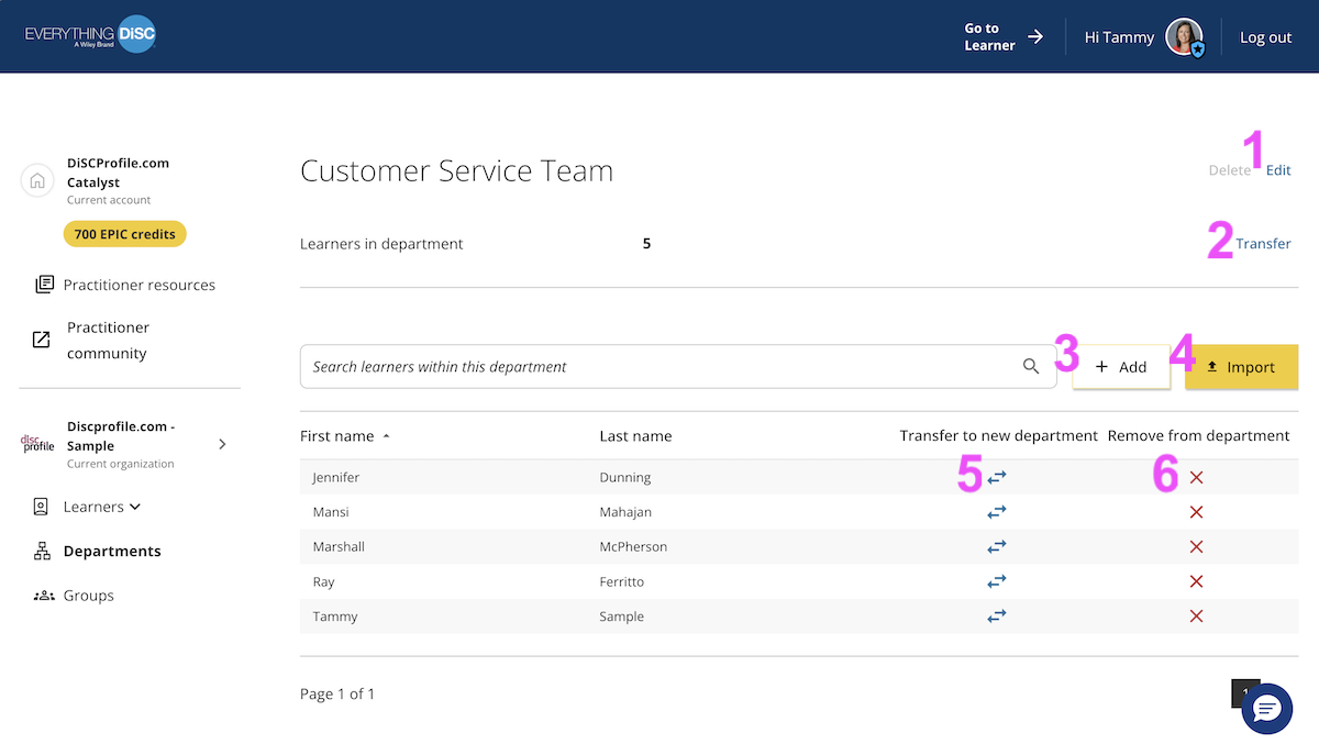 Catalyst help: Options on the departments page for adding or removing learners