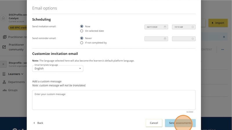 Catalyst help: assigning access codes - send assessments page