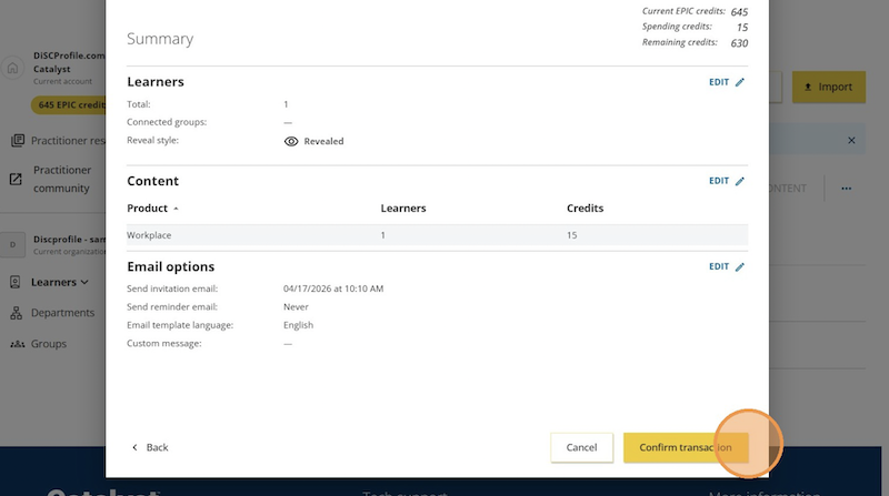 Adding learners on Catalyst: confirm screen