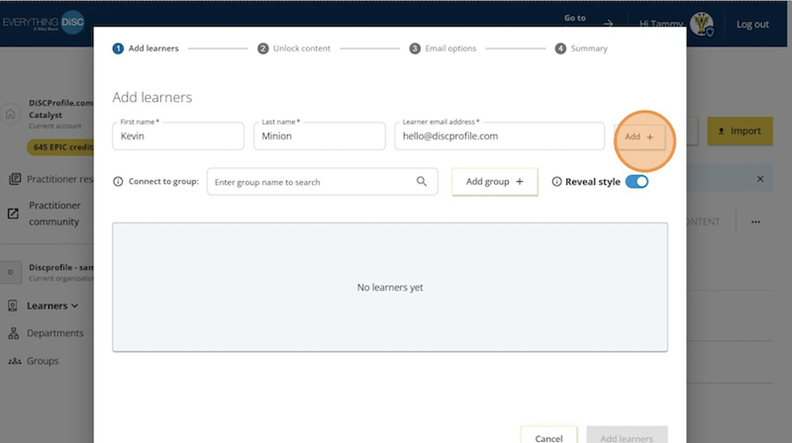 Catalyst help: adding learners one by one - add learners screen