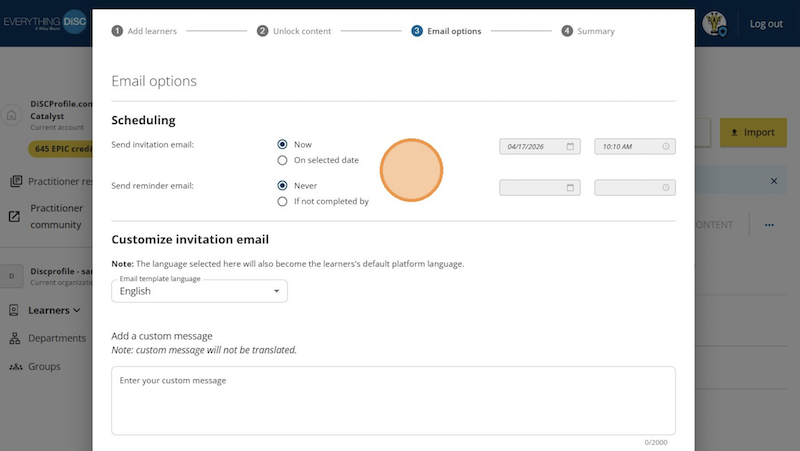 Catalyst help: Assigning access codes - email options screen