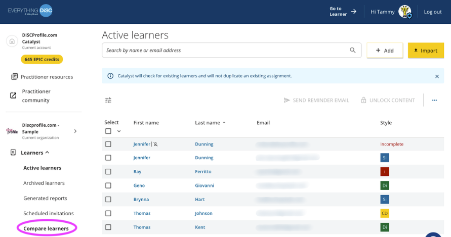 Compare learners menu in Catalyst