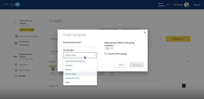 Creating a new group as an admin on Everything DiSC on Catalyst