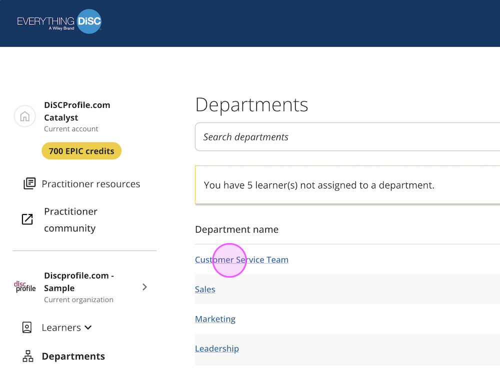 Catalyst help: Select a department to add or remove learners
