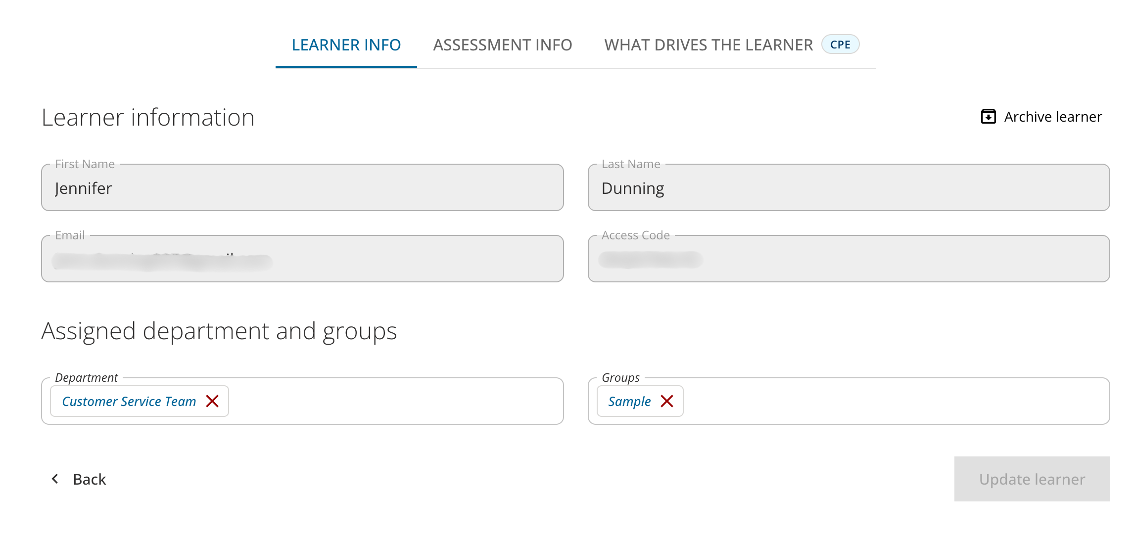 Catalyst help: Editing a learner's department on the learner information screen