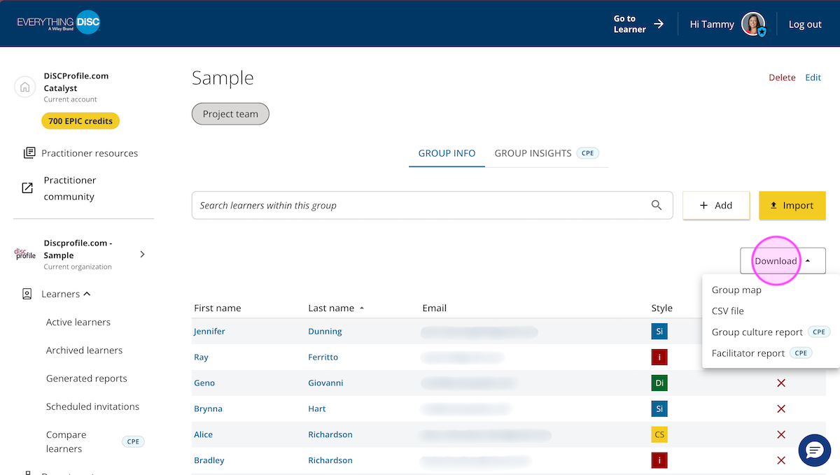 Catalyst help: Groups page showing options to download facilitator and group reports