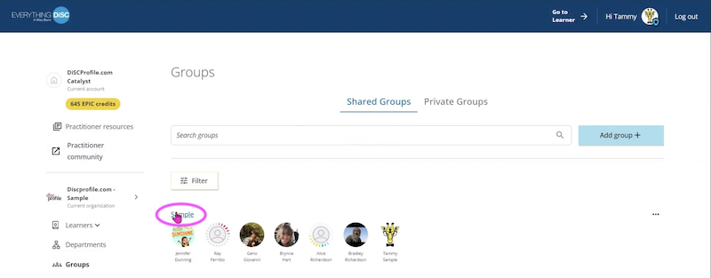 Groups screen in Everything DiSC on Catalyst - generating group reports