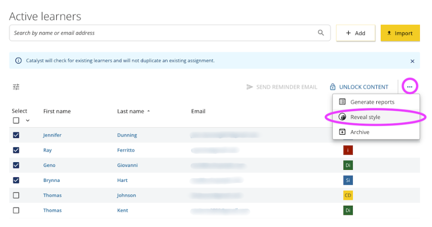 Catalyst help: Reveal style for multiple learners