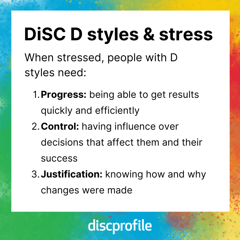 When stressed, DiSC D-style people need progress, control, and justification
