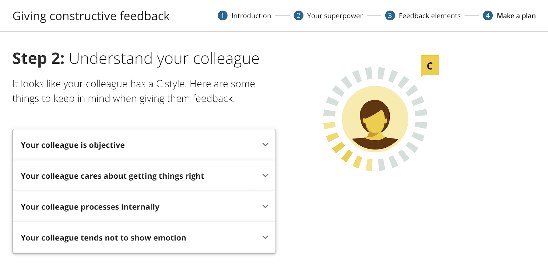 Screenshot from Everything DiSC Worksmart about giving feedback to C styles