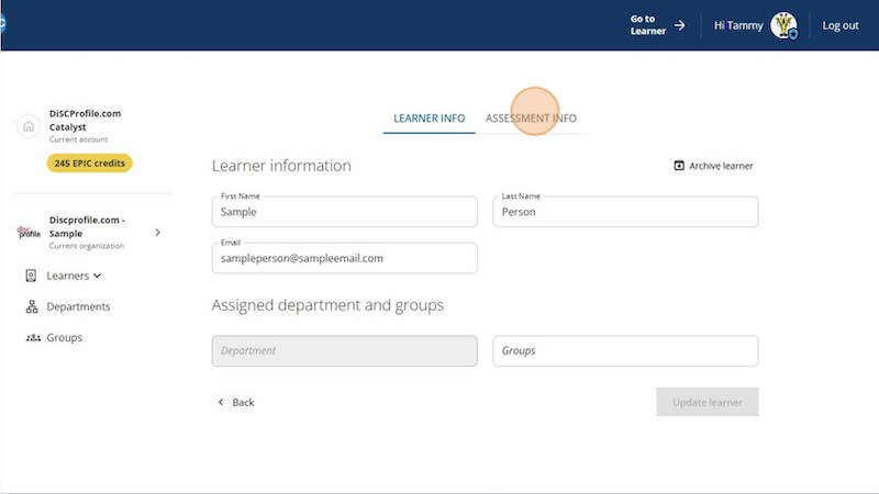 Reveal learner styles on Catalyst - assessment info screen