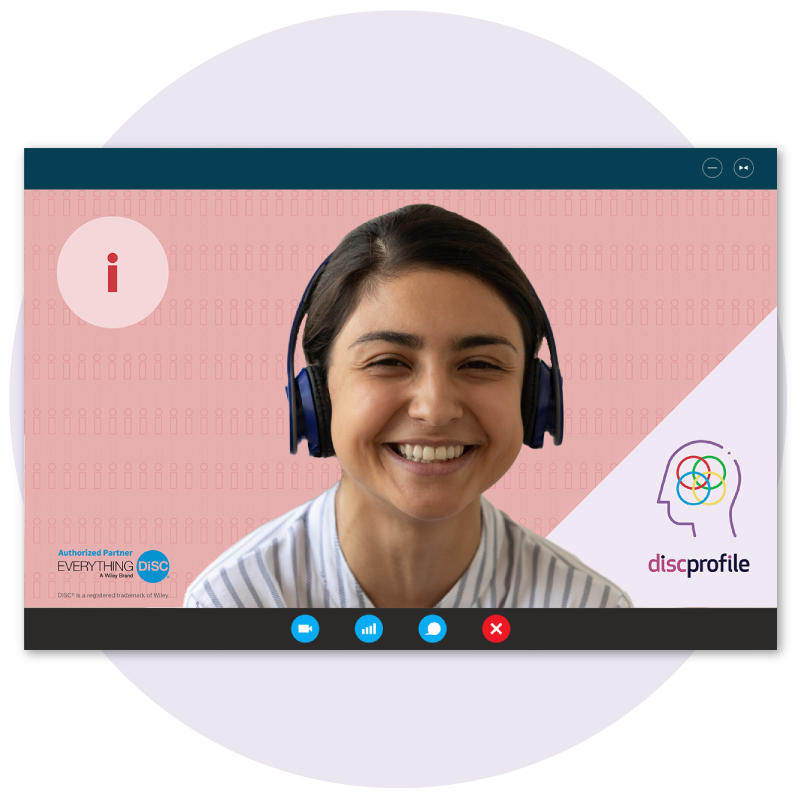 smiling woman on-screen with a DiSC i-style background